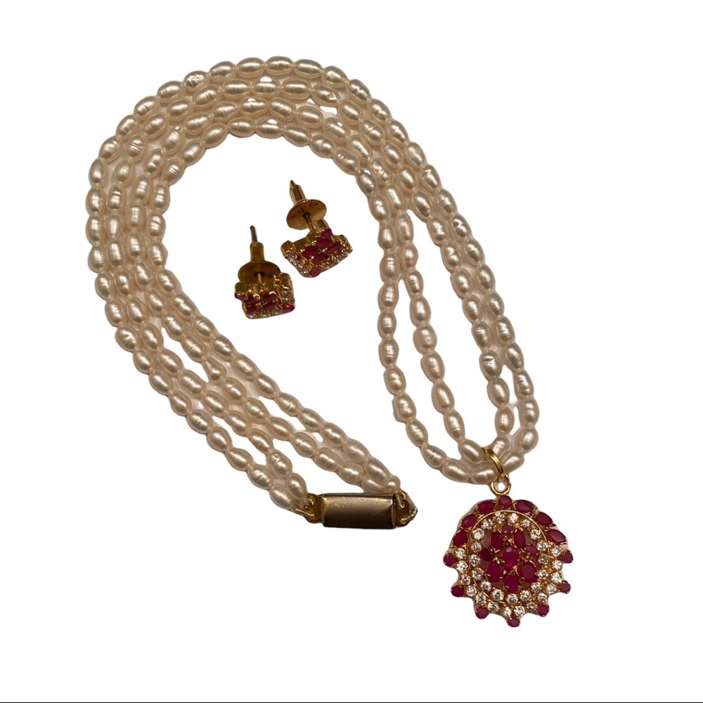 Indian Rice Pearl Beads W/ Red Pendant Necklace & Earrings Seet